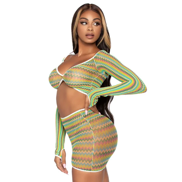 2 Pc Zig Zag Net Crop Top and Mini Dress - One Size - Green