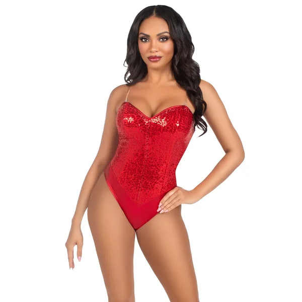 2 Piece Snap Crotch Bodysuit With Sequin & Detachable Clear Straps