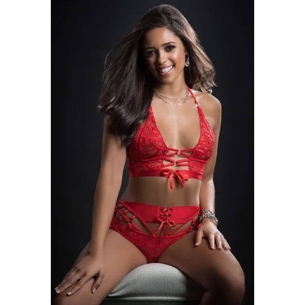 2pc O-Ring Boyshort Halter Top and Stockings – One Size – Candy Red