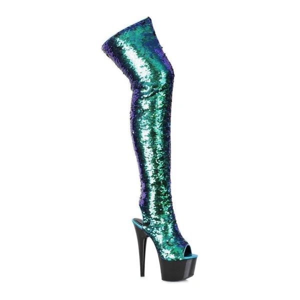709-RUBY Stripper Thigh Boot | Green Sequins