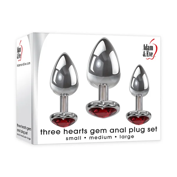 Adam & Eve Three Hearts Gem Anal Plug Set - Silver/Red