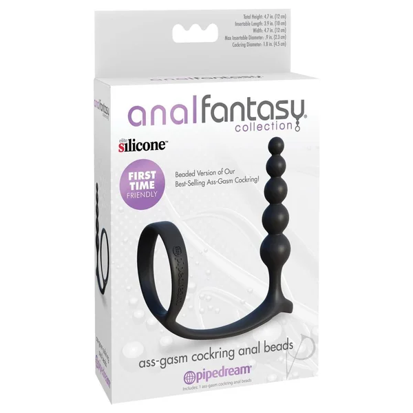 Anal Fantasy Collection Ass-Gasm Silicone Cock Ring with Anal Beads - Black