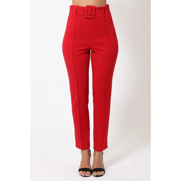 Ankle Tapered Self-fabric Buckle Belt Pants