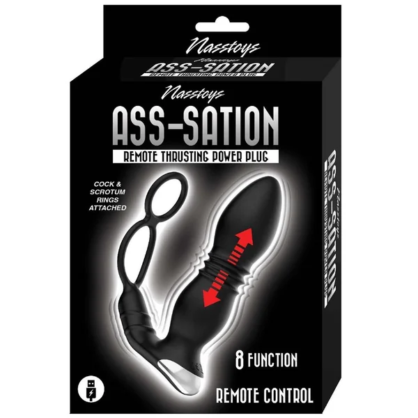 Ass-Sation Thrusting Rechargeable Silicone Power Plug with Cock Ring - Black