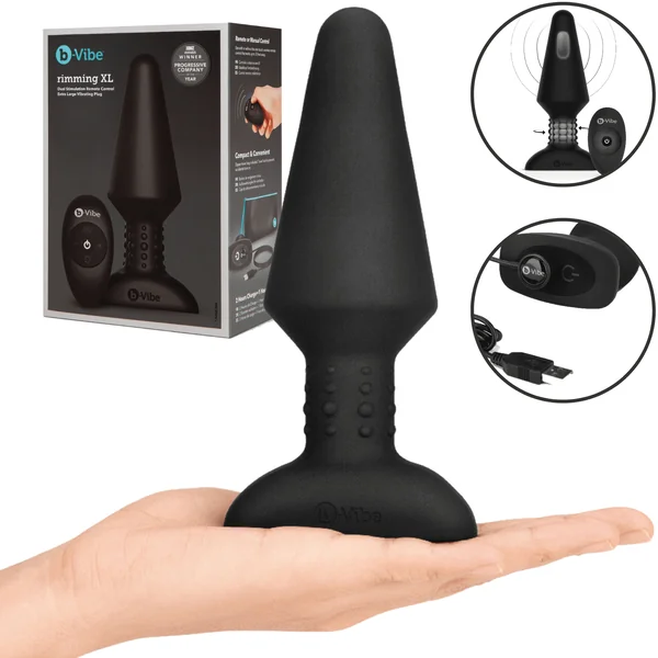 B Vibe Rimming Plug Rotation and Vibration Beaded Neck Remote Control Butt Plug – XL Black