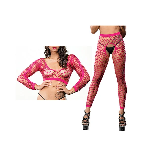 Beverly Hills Naughty Girl Crotchless All Over Mesh Leggings Pink O/S