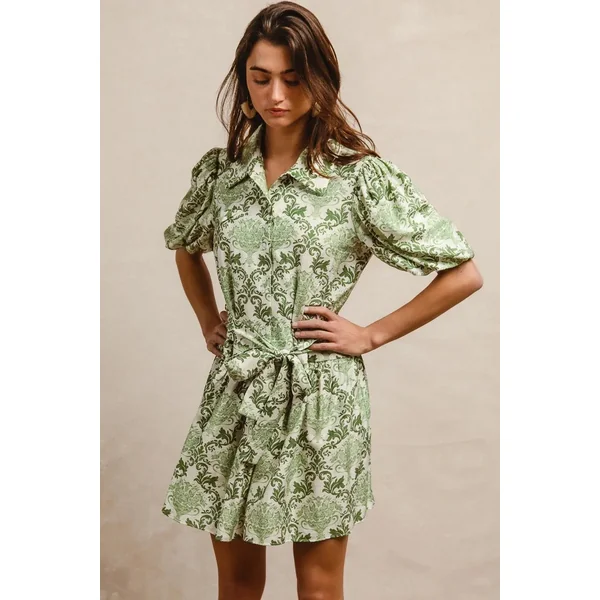 BiBi Tied Floral Short Sleeve Mini Shirt Dress