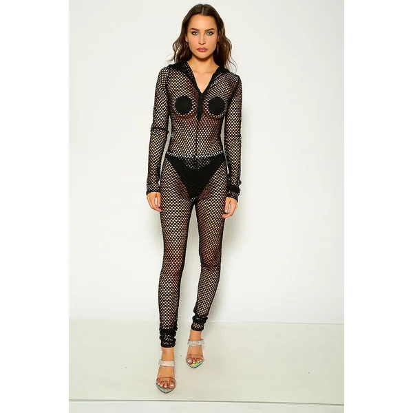 Black Fishnet Cut Out 2 Pc Bodysuit & Leggings