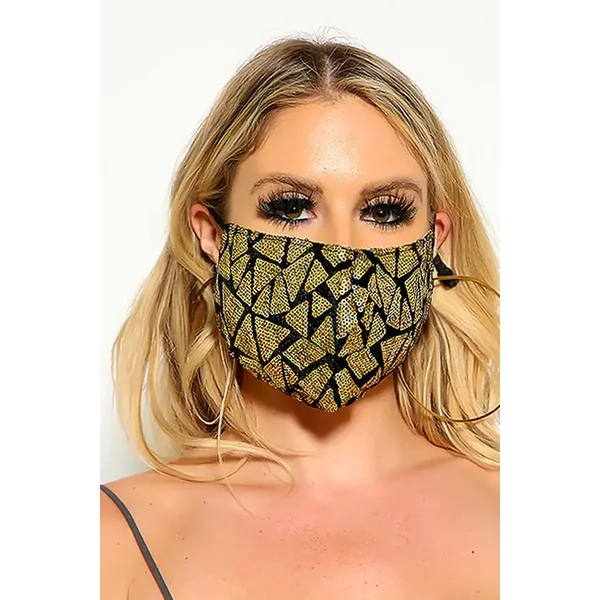 Black Gold Two Tone Sequin Geometric Print Fashion Mask