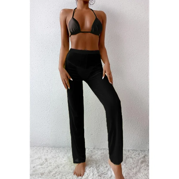 Black Mesh Halter Sexy Three Piece Swimsuit