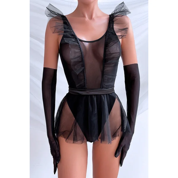 Black Mesh Ruffle Bodysuit Suspenders Overall Skirt Sexy 2Pc Lingerie Set