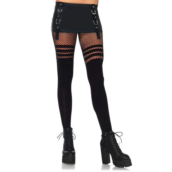 Black Opaque Faux Women Thigh High Stocking Stripe Fishnet Top