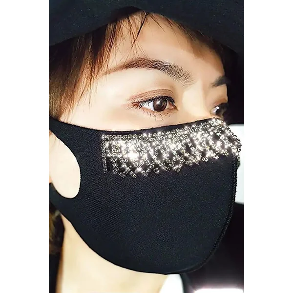 Black Rhinestone Fringe Accent Face Mask