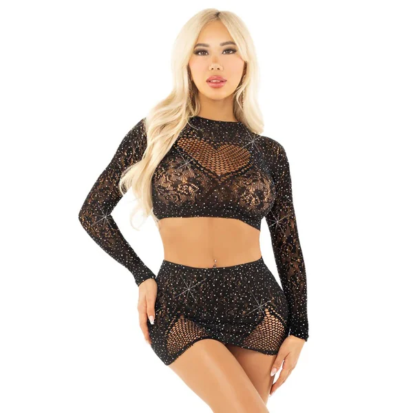 Black Rhinestone Lace Crop Top and Heart Keyhole Mini Skirt