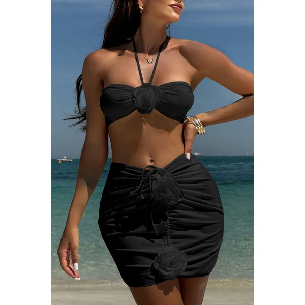 Black Rosette Halter Cheeky Drawstring Skirt Cover-Up 3Pc Swimsuit Set