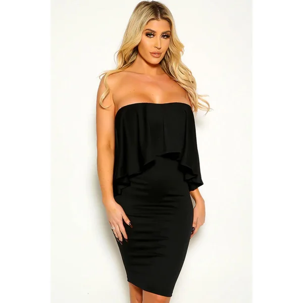 Black Ruffle Trim Backless Tube Bodycon Party Dress