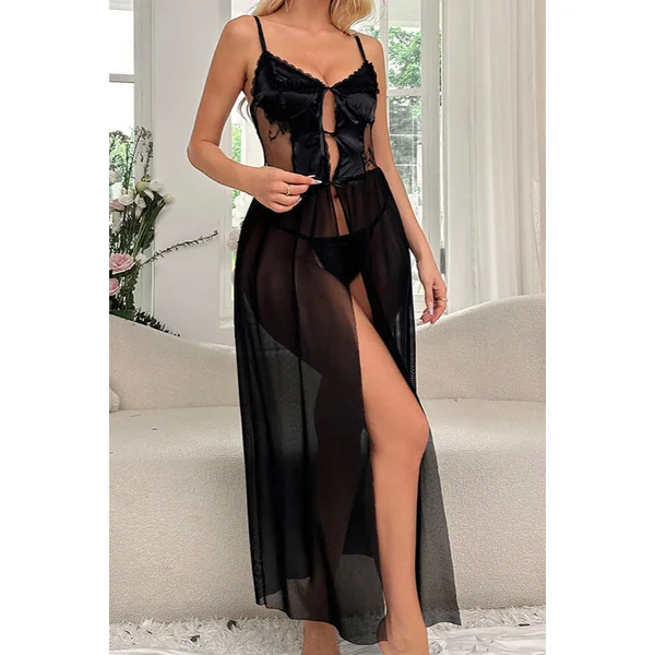 Black Satin Mesh Open Front Maxi Dress Thong Sexy 2Pc Lingerie Set