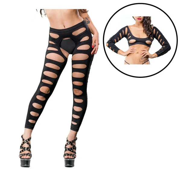 Black Variegated Holes Crotchless Legging Os