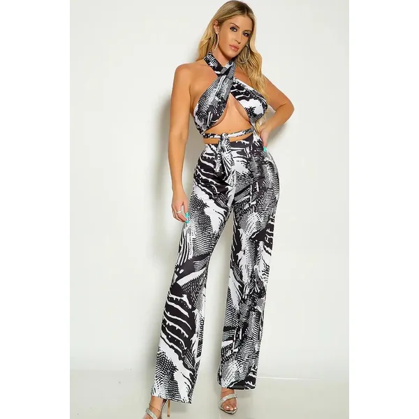 Black White Cross Halter Wrap Around Flared Two Piece Dress