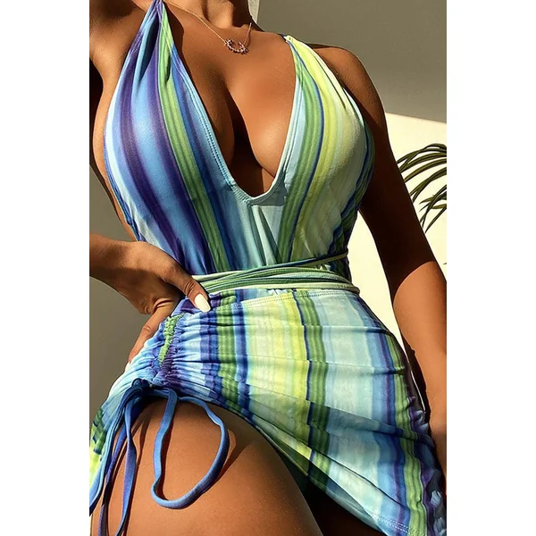 Blue Green Striped Two Piece Monokini Cover-Up Swimsuit