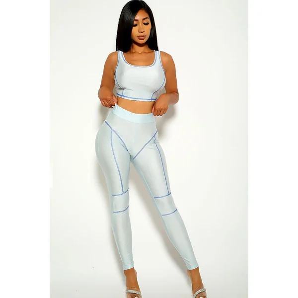 Blue Silver Sleeveless Striped Two Piece Outfit