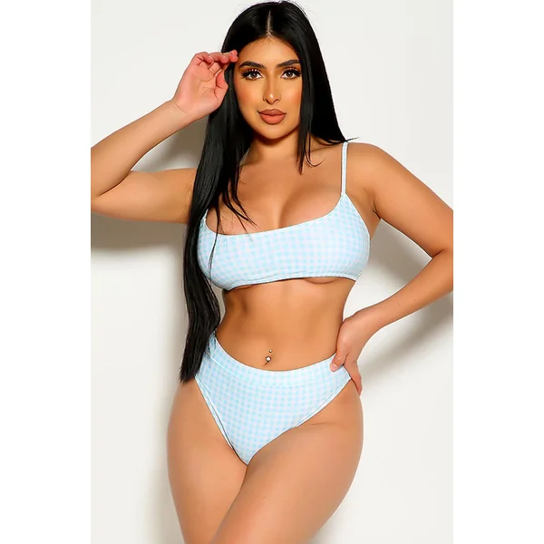 Blue White Checkered Print Cheeky Two Piece Swimsuit