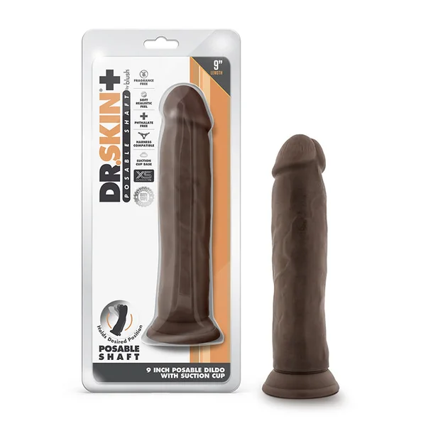 Blush Dr. Skin Plus Thick 9 in. Triple Density Posable Dildo with Suction Cup Brown