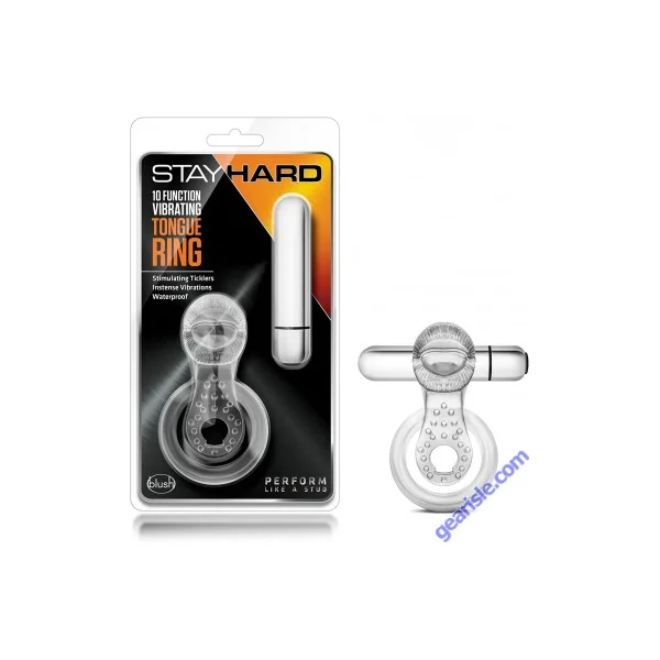 Blush Stay Hard 10 Function Vibrating Tongue Clear Cock Ring