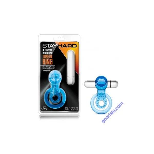 Blush Stay Hard 10 Function Vibrating Tongue Cock Ring Blue