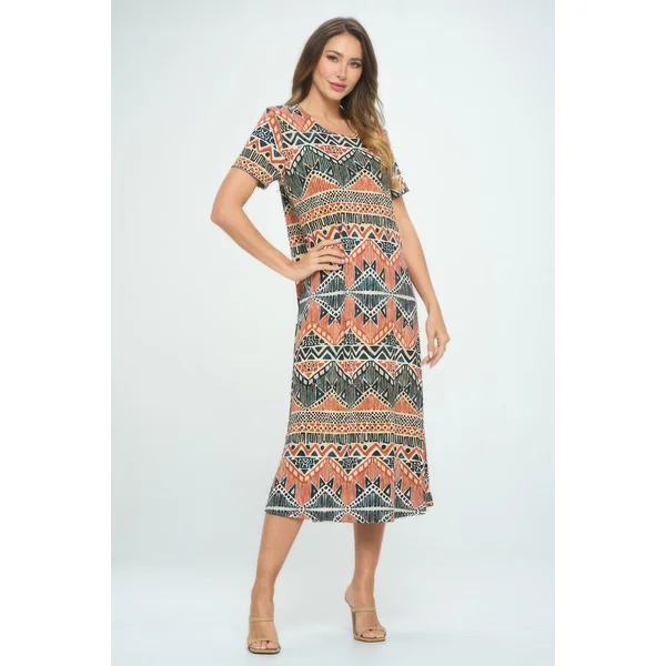 Bns Print Long Dress With Short Sleeve