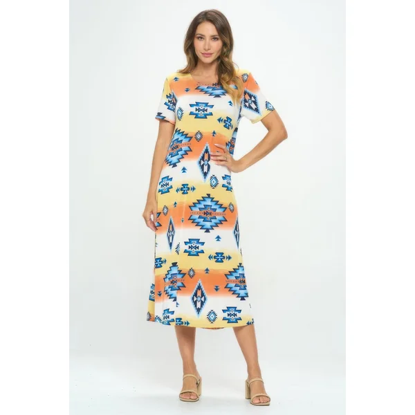 Bns Print Long Dress With Short Sleeve