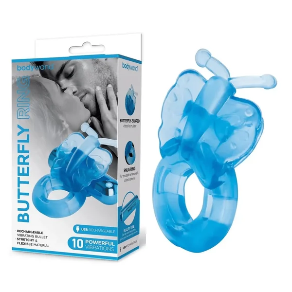 Bodywand Rechargeable Butterfly-Shaped Tickler Duo Couple’s Vibrating Penis Ring Blue