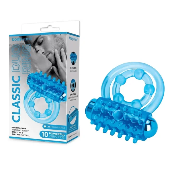 Bodywand Rechargeable Silicone Classic Duo Textured Vibrating Penis Ring – Blue