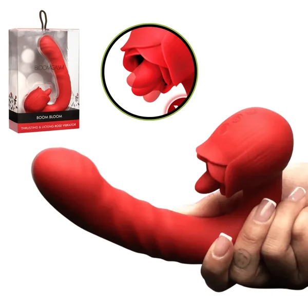 Boom Bloom Thrusting and Licking Rose Vibrator Red
