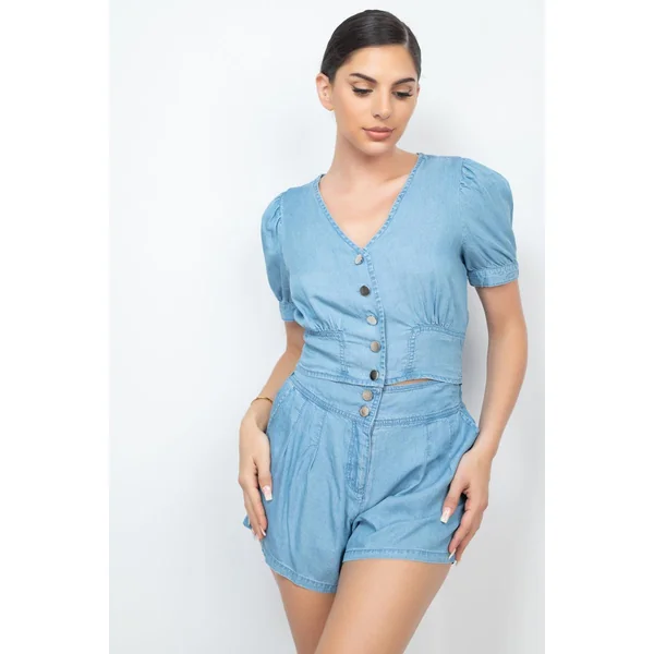 Button-front Denim Top And Shorts Set