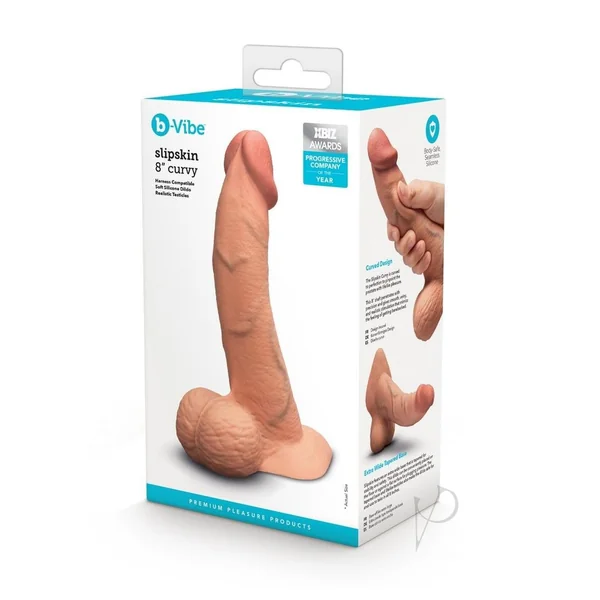 B-Vibe Slipskin Realistic Silicone Curved Dildo 8in - Caramel