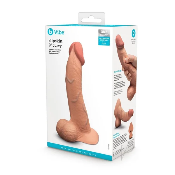 B-Vibe Slipskin Realistic Silicone Curved Dildo 9in - Caramel