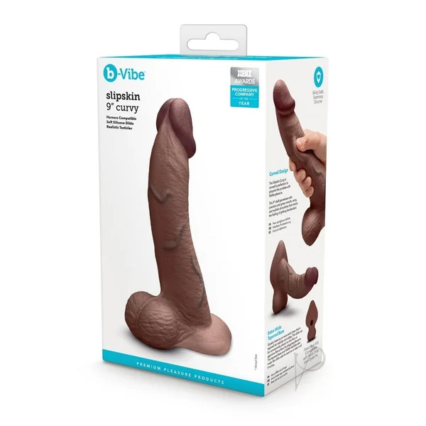 B-Vibe Slipskin Realistic Silicone Curved Dildo 9in - Chocolate