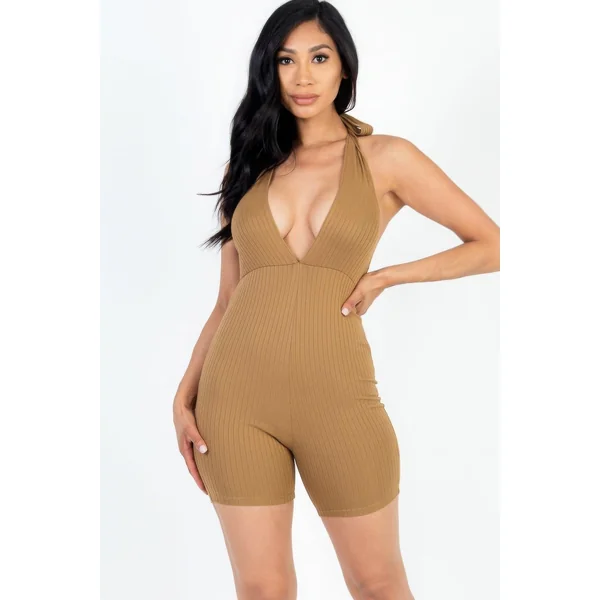 Casual Solid Halter V Neck Ribbed Bodycon Romper
