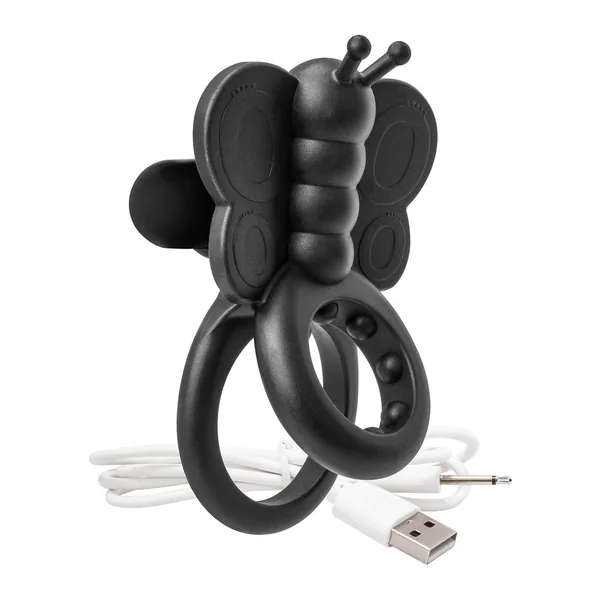 Charged Monarch USB Rechargeable Buterfly Vibe Silicone Cock Ring Waterproof Black