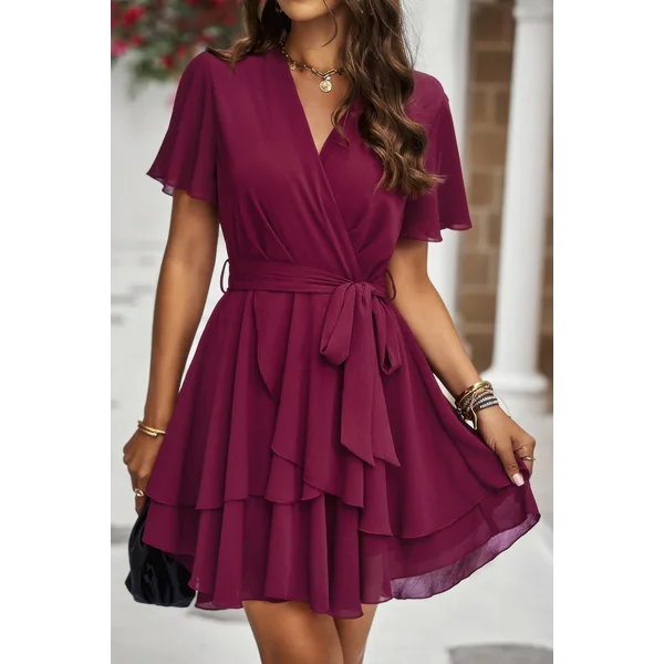 Chiffon Layer Hem Waist Tie Layer Hem Ruffle Dress