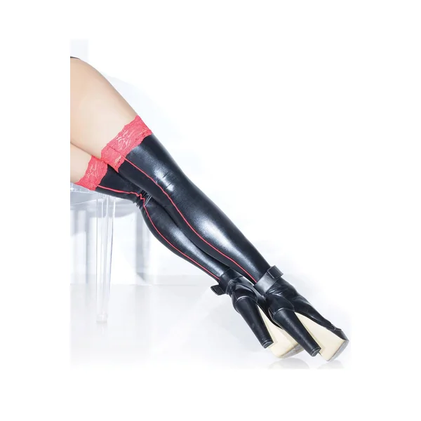 Coquette - D1878X - Wetlook Stockings - Black/Red - OS/XL