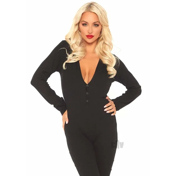 Cozy Brushed Rib Long Johns With Cheeky Snap Closure Back Flap. Black Med/lge