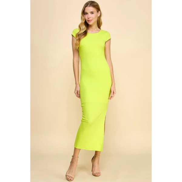 Crew Neck Cap Sleeve Rib W/ Lining Maxi Dress