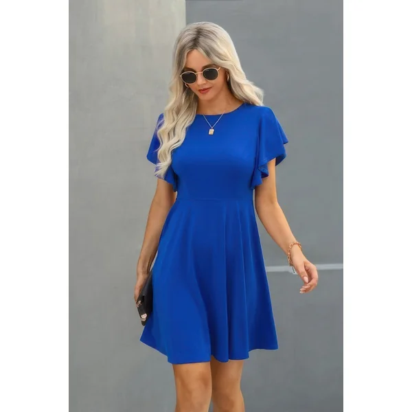 Crew Neck Ruffled Short Sleeve Solid Dress