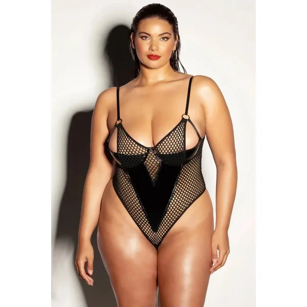 Curvy Frisky Fishnet Peek-A-Boo Teddy Black