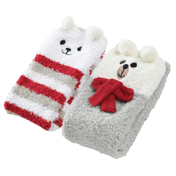 Cute Coral Fleece Thigh High Socks 2 Pairs Set – Scarf Bear & Red Stripe Bear