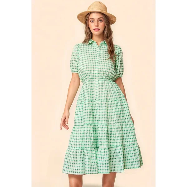 Davi & Dani Checkered Puff Sleeve Tiered Shirt Dress