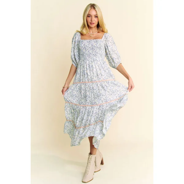 Davi & Dani Contrast Ric Smocking Bodice Tiered Midi Dress