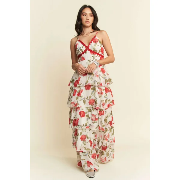 Davi & Dani Contrast Ring Lace Layered Ruffle Maxi Cami Dress